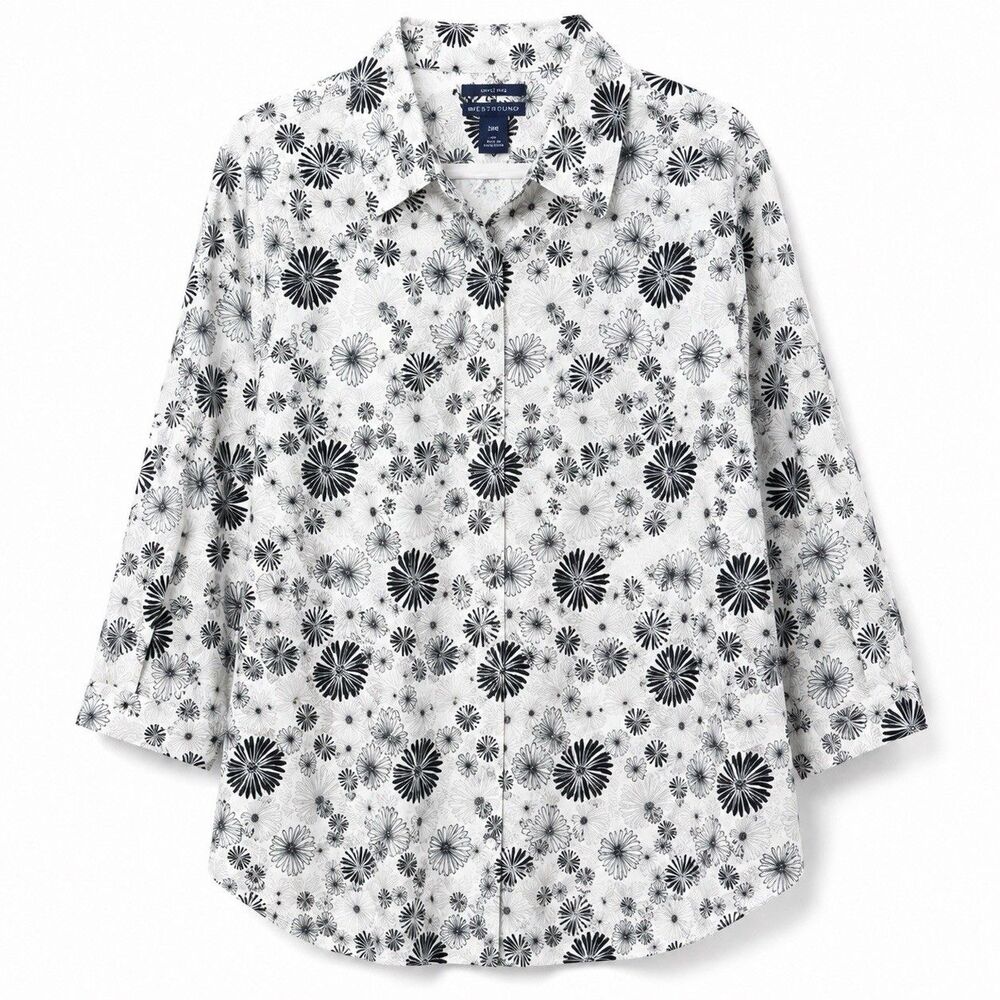 Westbound Woman 24W Floral Button Down Shirt Black White Cotton Wrinkle Free